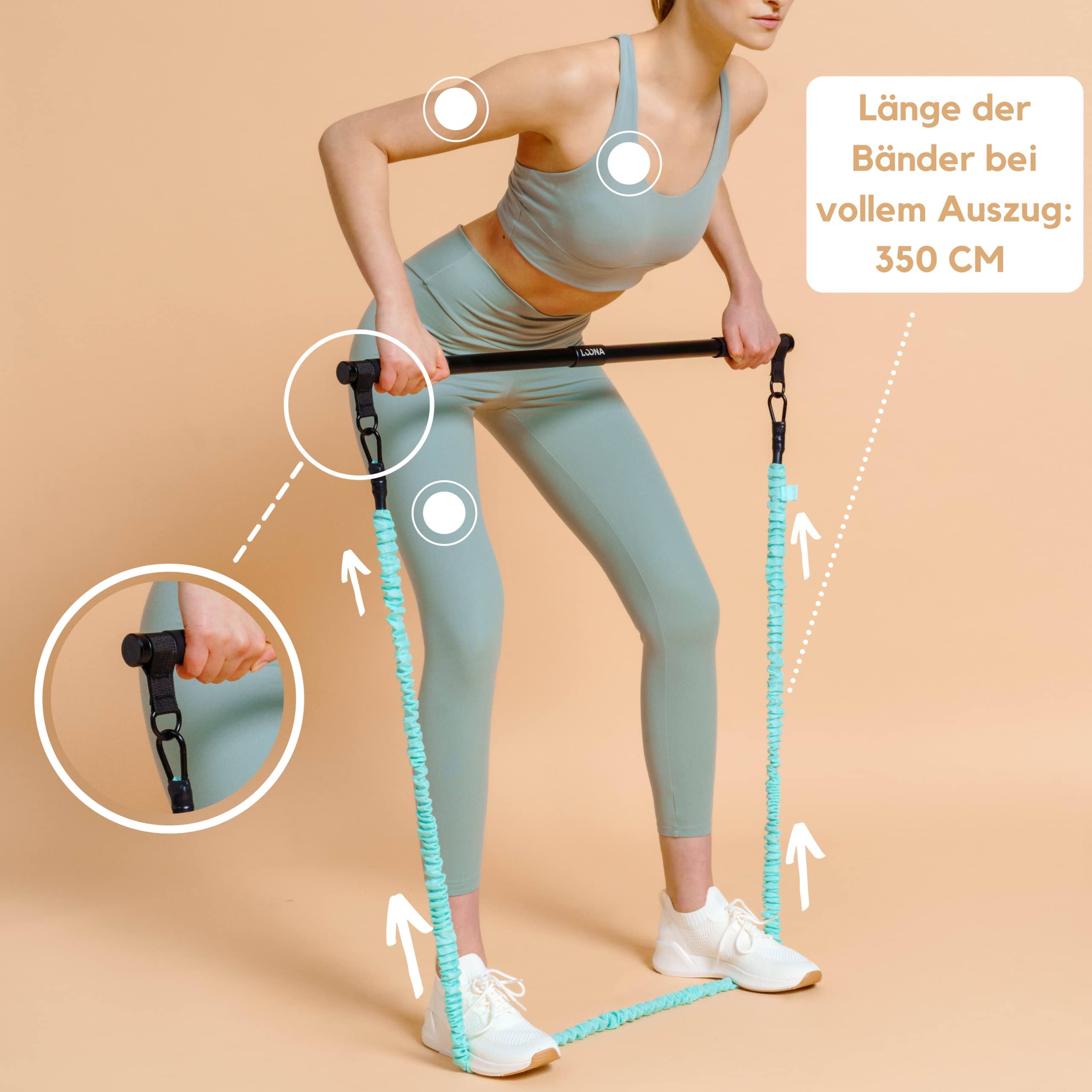 Loona Gym – Body Toner Bar inklusive 3 Widerstand-Bänder mit verschiedenen Stärken 10 kg, 15 kg und 30 kg – für Anfänger und Profis - Pilates Bar, Pilates Stange Fitness Set mit Widerstandsbändern