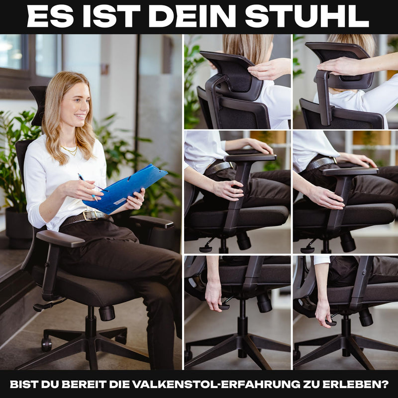 VALKENSTOL M3 Komfort Ergonomischer Bürostuhl 150 kg – [Höhenverstellbare Lordosenstütze] Schreibtischstuhl Bürostühle Bürostuhl Ergonomisch PC Stuhl Drehstuhl Office Chair Ergonomic Desk