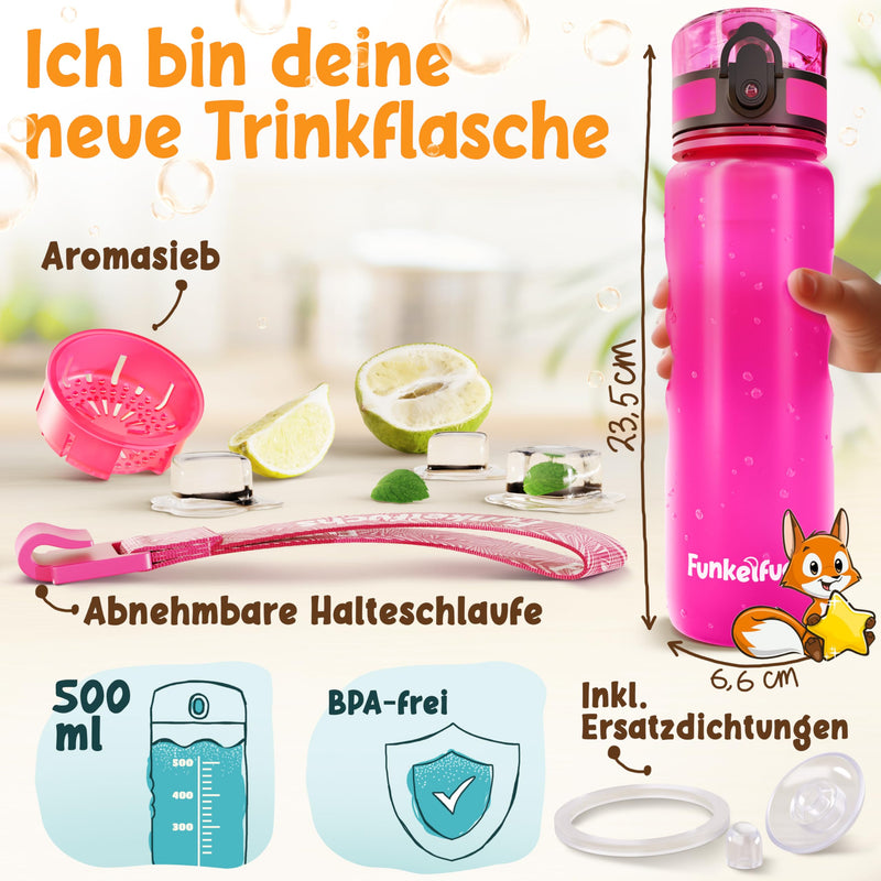 Funkelfuchs®- Trinkflasche für Kinder – 500ml, Pink – Kohlensäure geeignet - 100% auslaufsicher - Wasserflasche spülmaschinenfest - für Kindergarten, Einschulung, Schule, Sport