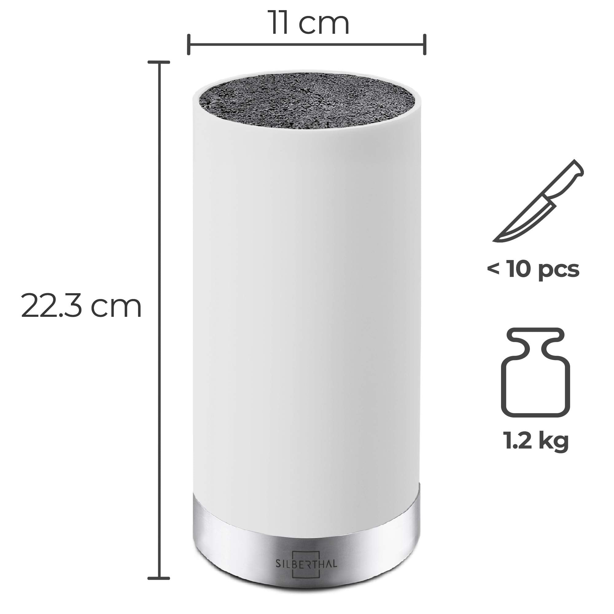 SILBERTHAL Universal Messerblock - Borsteneinsatz herausnehmbar - ohne Messer - unbestückt - Messeraufbewahrung mit Edelstahlring - Weiß