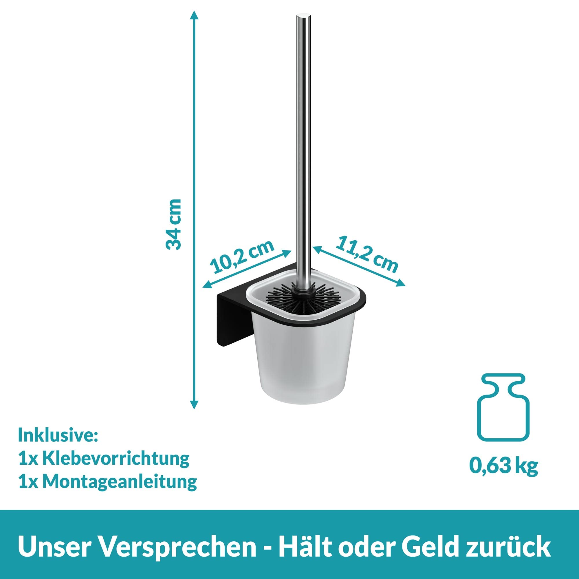 WEISSENSTEIN Toilettenbürstenhalter Set zur Wandmontage ohne Bohren - WC-Garnitur Set mit Bürste, Bürstenhalter aus Glas, schwarzer Edelstahl Halterung zum Kleben