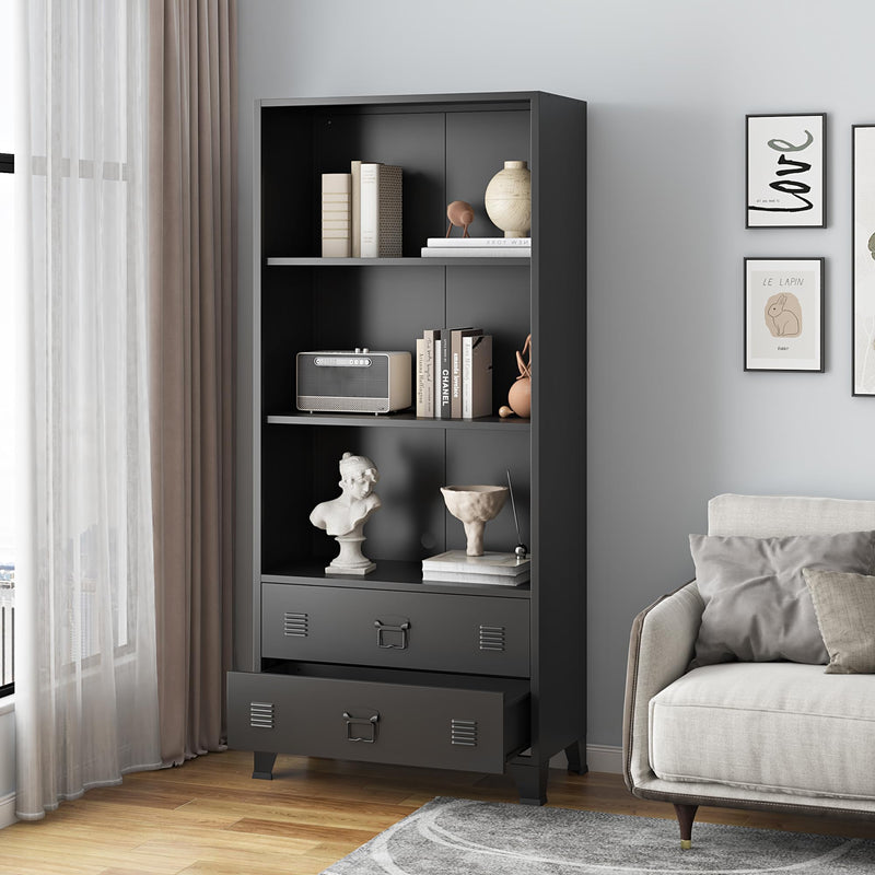 [en.casa] Bücherregal Hammarland Bücherschrank mit 2 Schubladen Schwarz Wohnzimmerschrank Metall Standregal mit Kabeldurchlass 180 x 80 x 40 cm