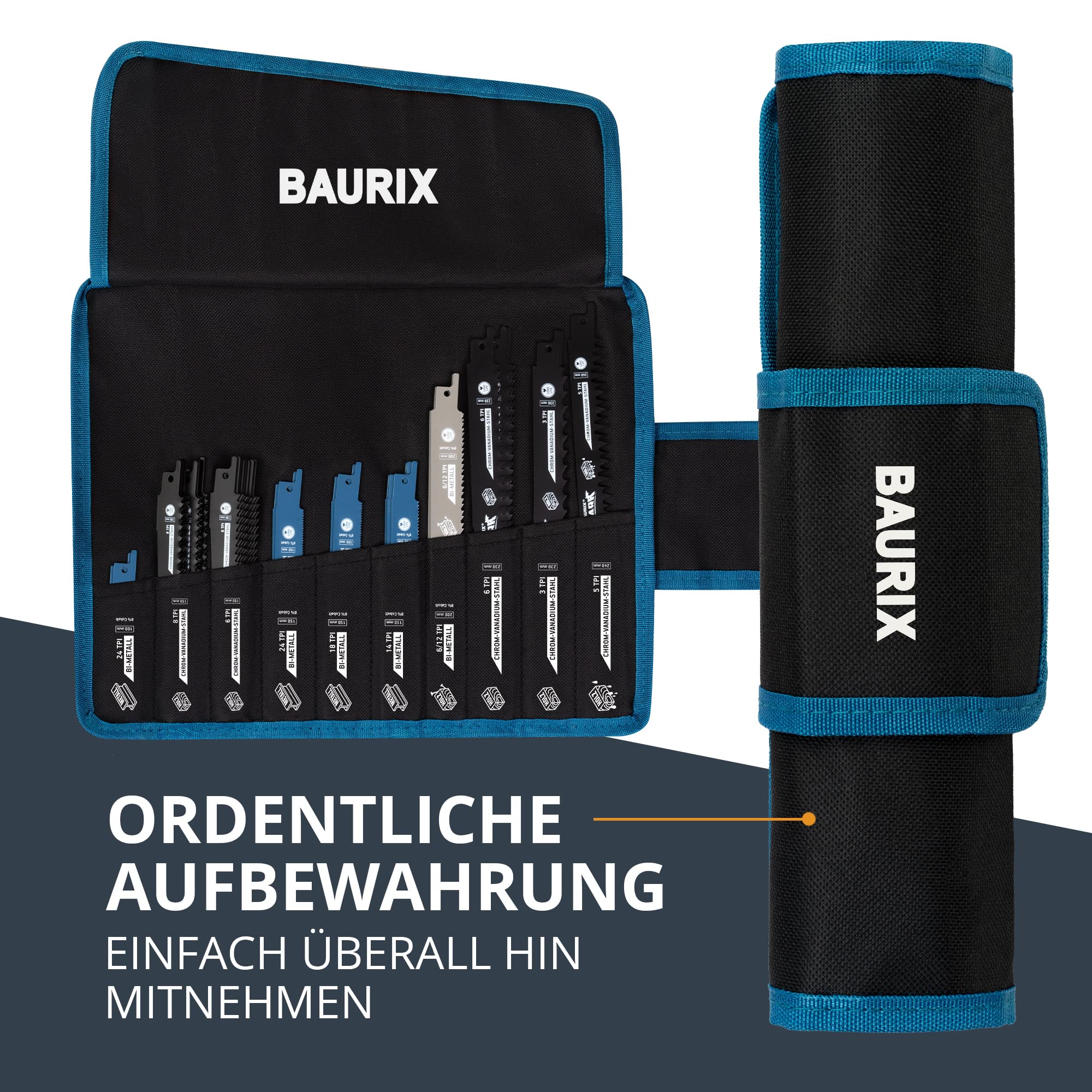 BAURIX® Säbelsägeblätter SHARK® [35 Stück] I Sägeblatt Säbelsäge für schnelle und saubere Schnitte I Säbelsägeblatt Set mit Tasche I Säbelsägeblätter für Holz, Frischholz und Metall