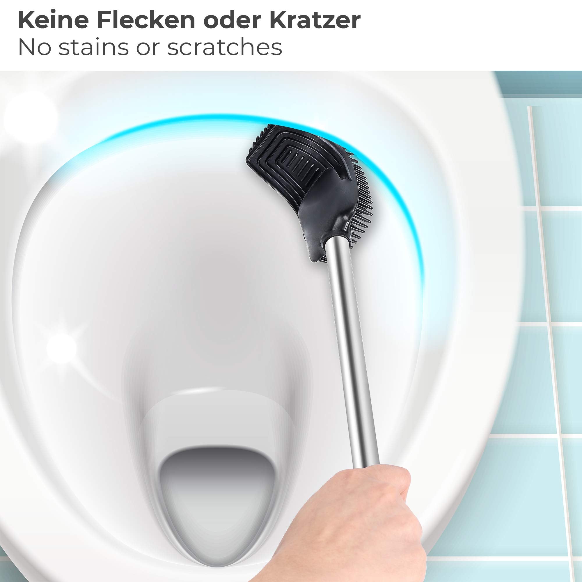 WEISSENSTEIN Klobürste Silikon - Flach & Flexibel - Toilettenbürste und Behälter - Stehend oder zur Wandmontage ohne Bohren - Schwarz - Halterung aus Edelstahl - Toilettenbürstengarnitur