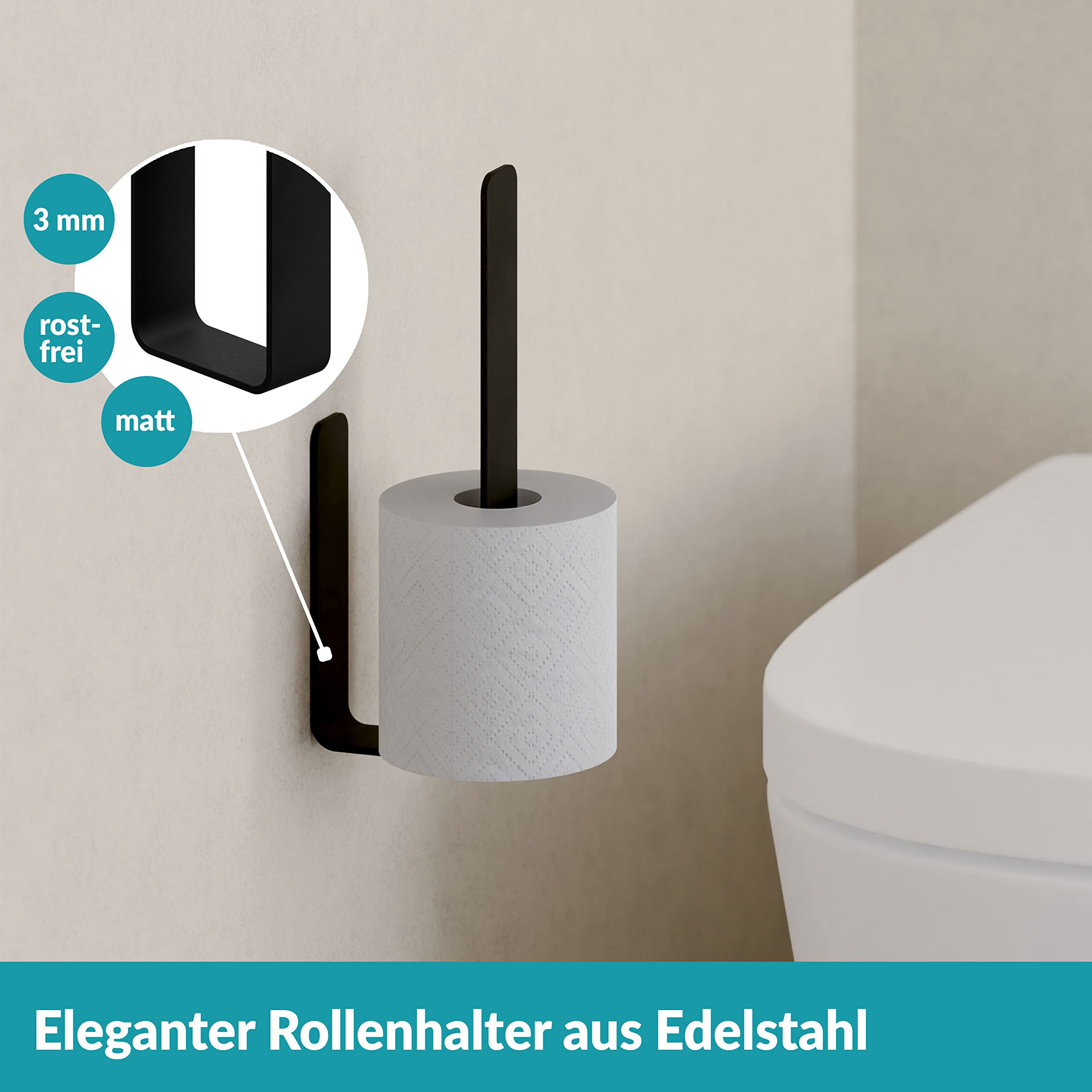 WEISSENSTEIN WC-Ersatzrollenhalter - Toilettenpapierhalter Edelstahl ohne Bohren – Rollenhalter Wand selbstklebend - schwarz