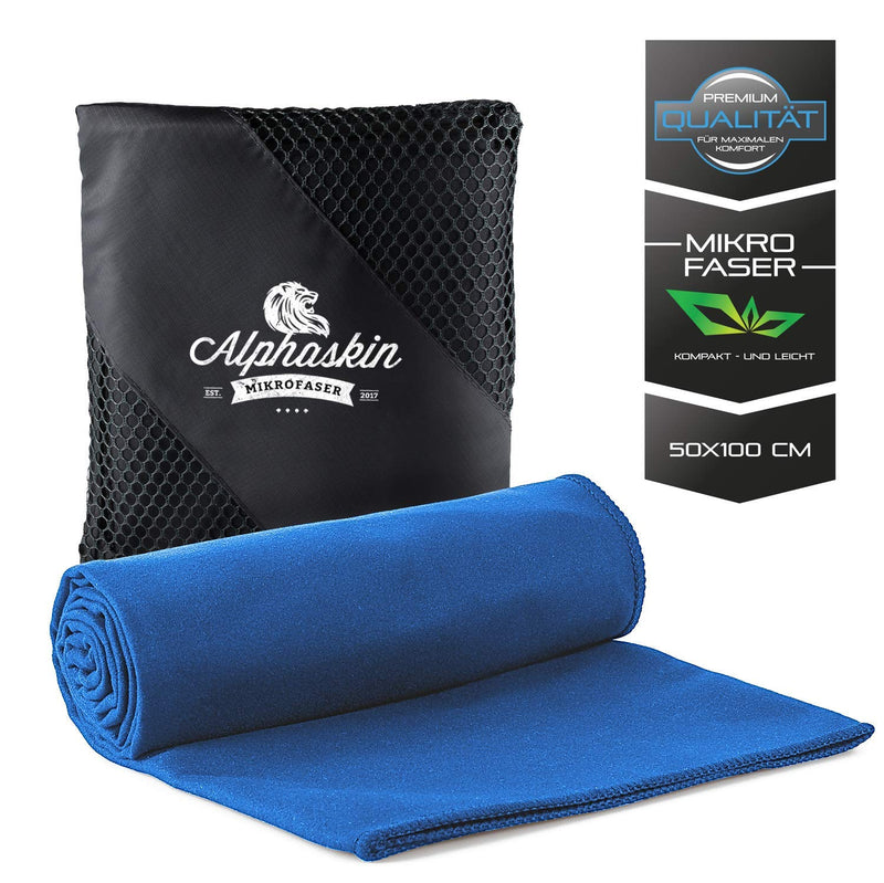 Alphaskin® Premium Fitness Handtuch Set | Mikrofaser Handtücher mit praktischer Tasche für Sport, Fitnessstudio und Reisen | saugfähig | schnelltrocknend | antibakteriell | ultra leicht | 50cm x 100cm (blau)