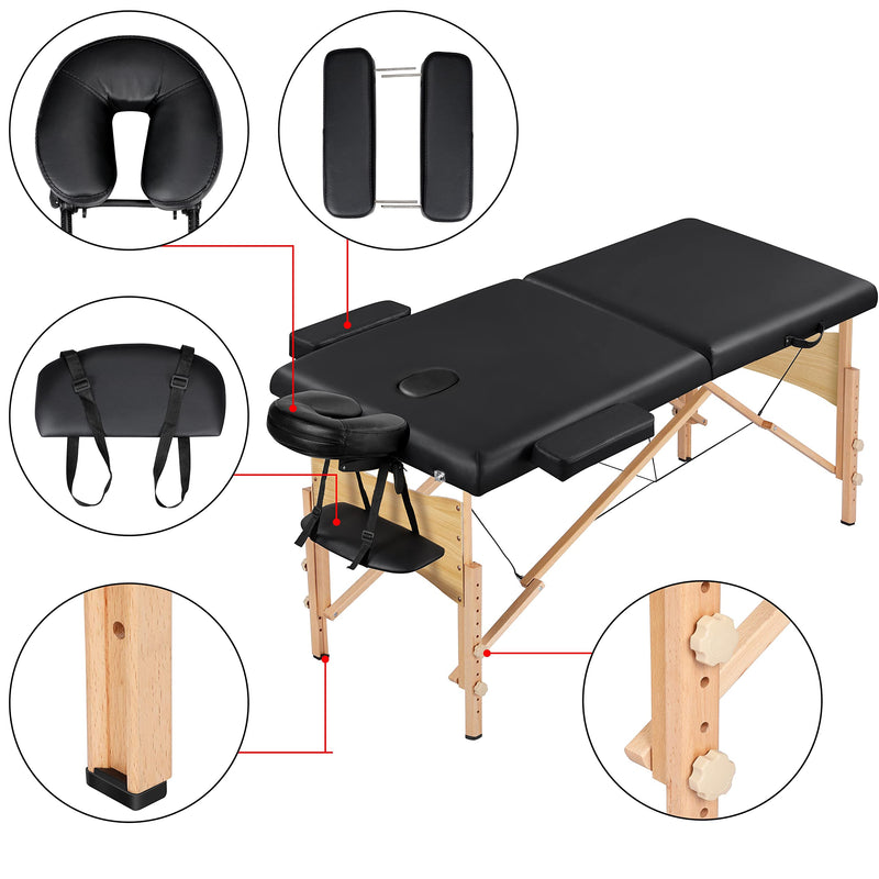 Yaheetech Mobile Massagelige 2 Zonen Massagetisch mit Holzfüßen und Tragetasche Höhenverstellbare Massagebank Klappbare Kosmetikliege 70 cm Breit, Schwarz