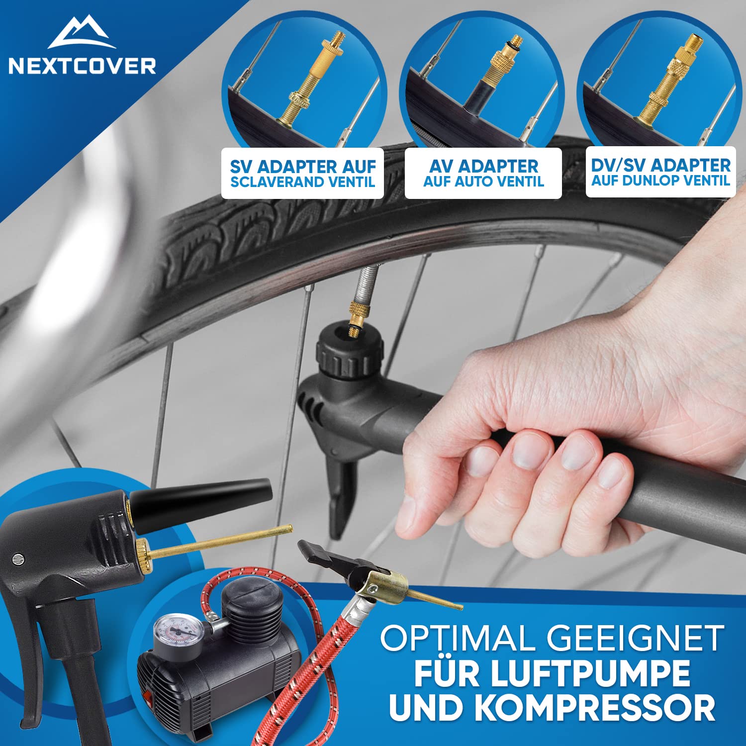 NEU NEXTCOVER Profi Fahrradventil Adapter Set [15-teilig] I Passend für alle gängigen Ventilarten I Adapter Französisches Ventil für Luftpumpe & Kompressor I Robuste Ventiladapter Fahrrad