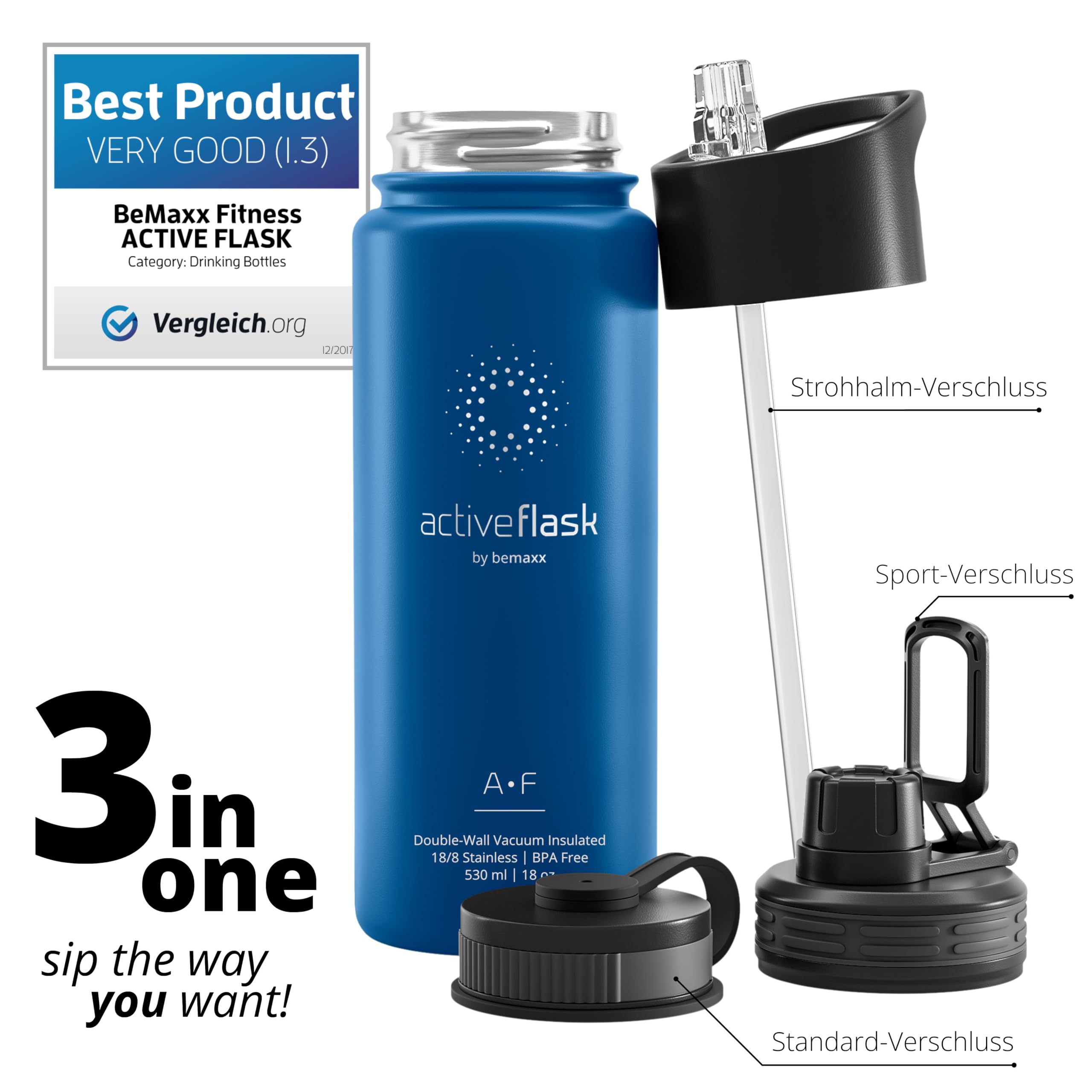 Trinkflasche Edelstahl ACTIVE FLASK + Strohhalm (3 Deckel) BPA-frei, Auslaufsicher, Kohlensäure geeignet - Wasserflasche Fahrrad Thermosflasche Isoliert Isolierflasche Sport Wasser Flasche Kinder Tee