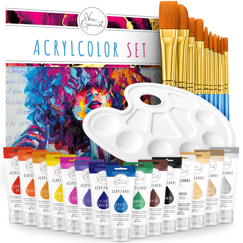 Amandi Van Gaunet Acrylfarben Set – 16 Acryl Farben mit 75ml Pigment & 10 Pinsel – Wasserfestes Acrylfarbenset für Papier, Stein, Holz, Keramik, Stoff, Leinwand & Glas – Schnell trocknend & ungiftig