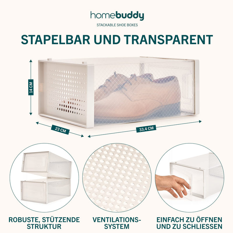 HomeBuddy Schuhbox - 12 Schuhboxen Stapelbar - Stabile Schuhaufbewahrung - Schuhboxen Stapelbar Transparent mit Rückseitiger Lüftung - Transparenter Schuhorganizer mit Bambuskohle-Desodorierer