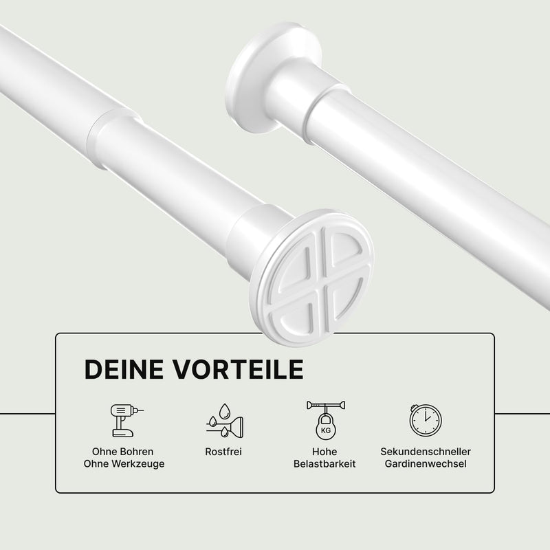 MEISENBERG Gardinenstange ohne Bohren 70-120cm Ø25mm - Teleskopstange Vorhang - Duschstange - Weiß - Spannstange