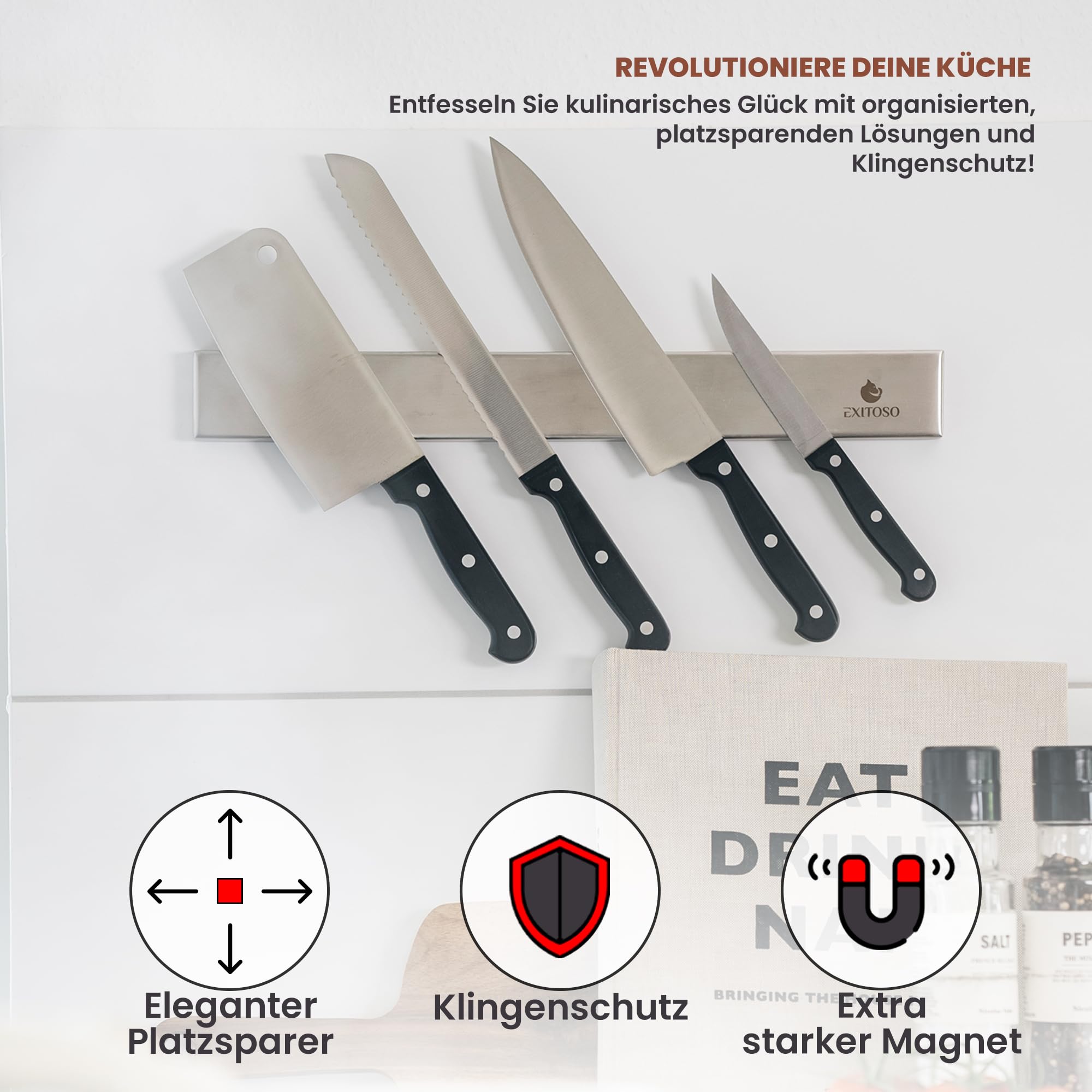 Exitoso Edelstahl Magnetleiste Messer selbstklebend - Kleben und Bohren mit 3M Klebeband - Magnetischer Magnet Messerhalter Messerleiste magnetisch - Messer Magnetschiene für Messer Magnetleiste