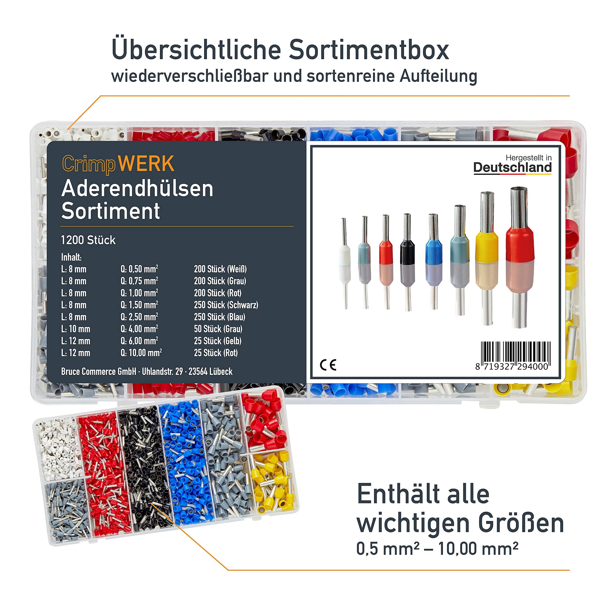 CrimpWERK® 1200 Stück Aderendhülsen Set I MADE IN GERMANY I 0,5 mm² - 10 mm² I Isolierte Hülsen nach DIN Standard sortiert I Profi Isolierhülsen Sortiment in Geprüfter Qualität