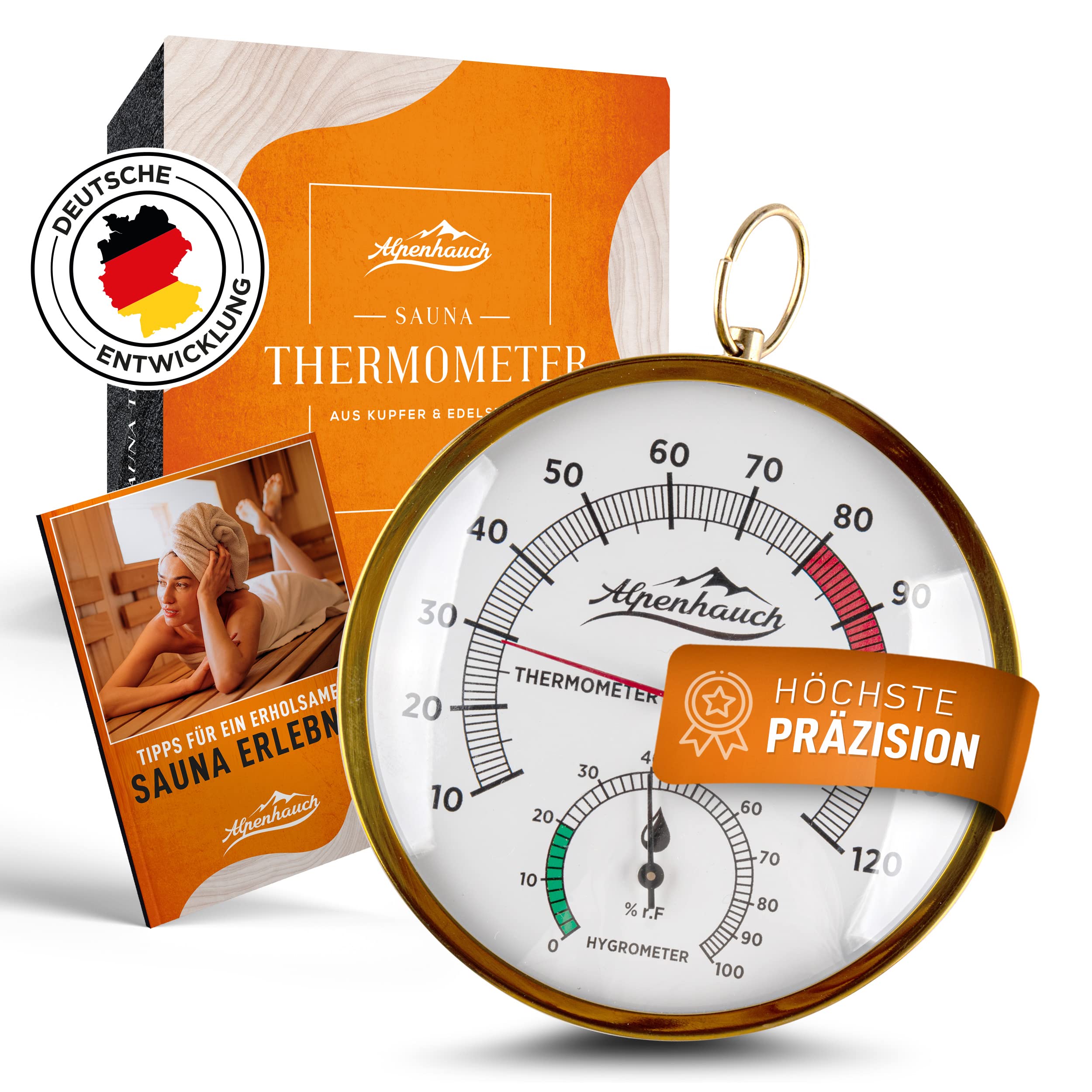 ALPENHAUCH Sauna Thermometer Hygrometer Holz [2in1 Funktion] - Besonders präzises Saunathermometer mit gehärtetem Glas - Automatische Kalibrierung - Edles Sauna Zubehör - Hygrometer Thermometer Sauna