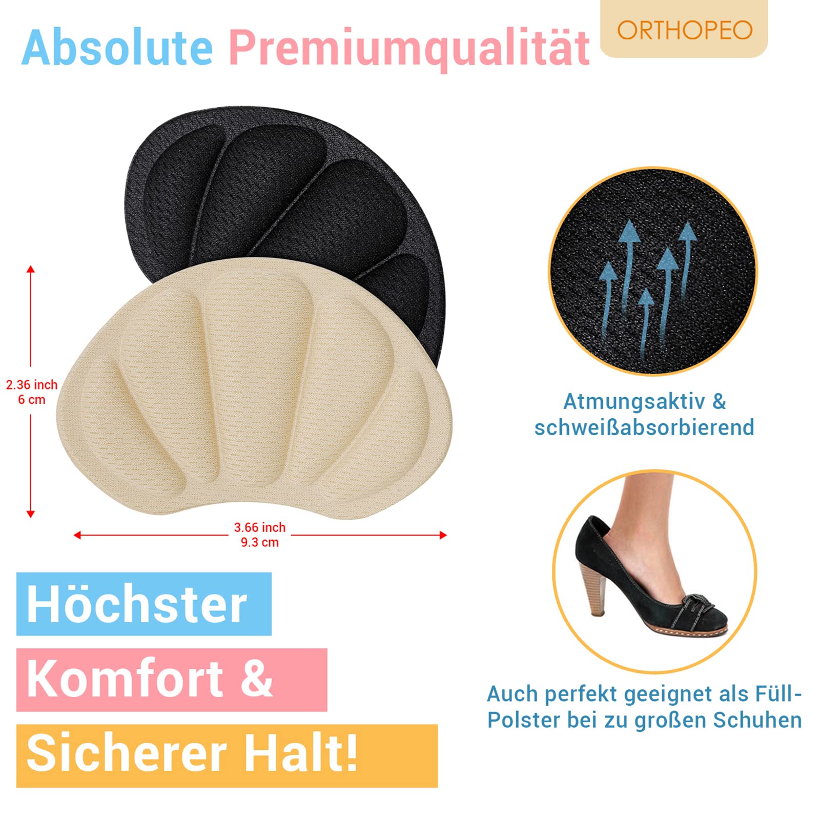 ORTHOPEO Fersenpolster I Schuheinlagen gegen Blasen & Reibung I 6 Paare I Fersenschoner I Fersenkissen Herren & Damen I Antirutsch bei großen Schuhen & High Heels I Schuhpolster I Extra Volumen