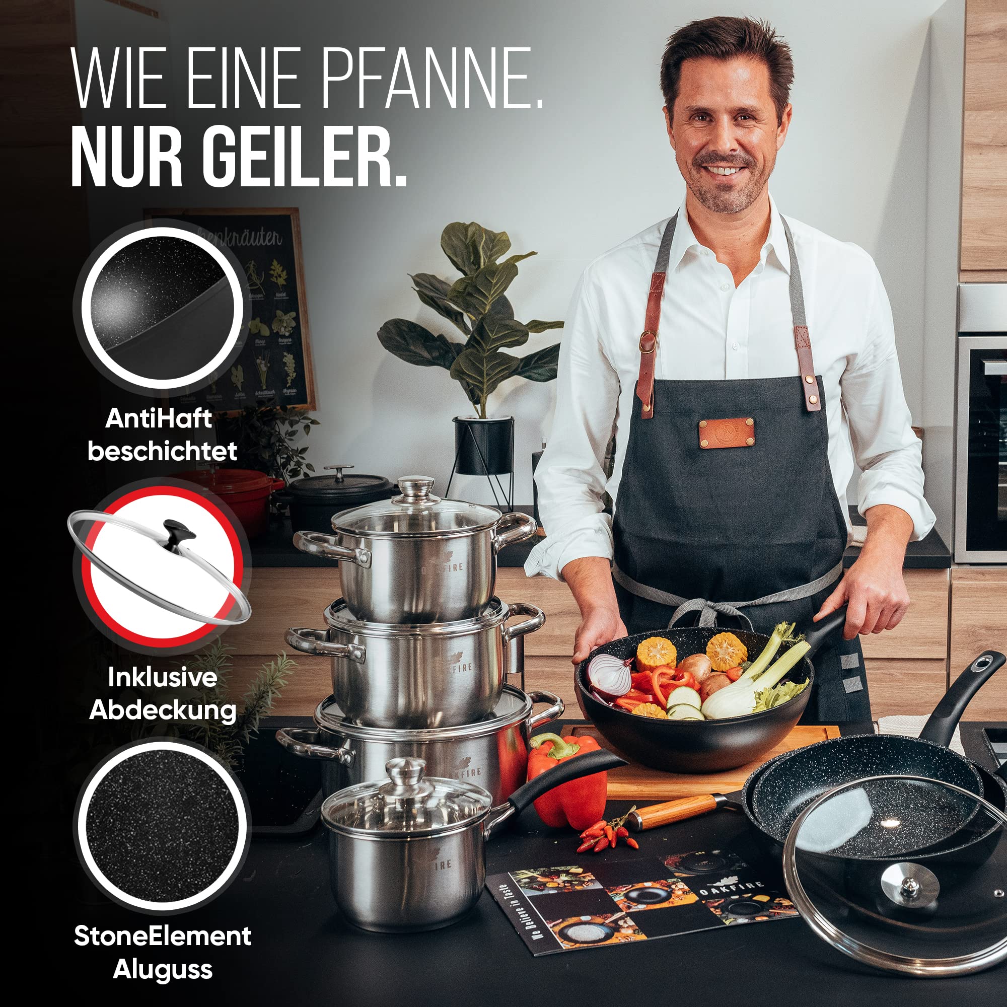 Oakfire 30cm Wokpfanne mit Deckel Antihaft Beschichtung | Wok Pfanne hoher Rand Induktion geeignet | StoneElement | Non-Stick