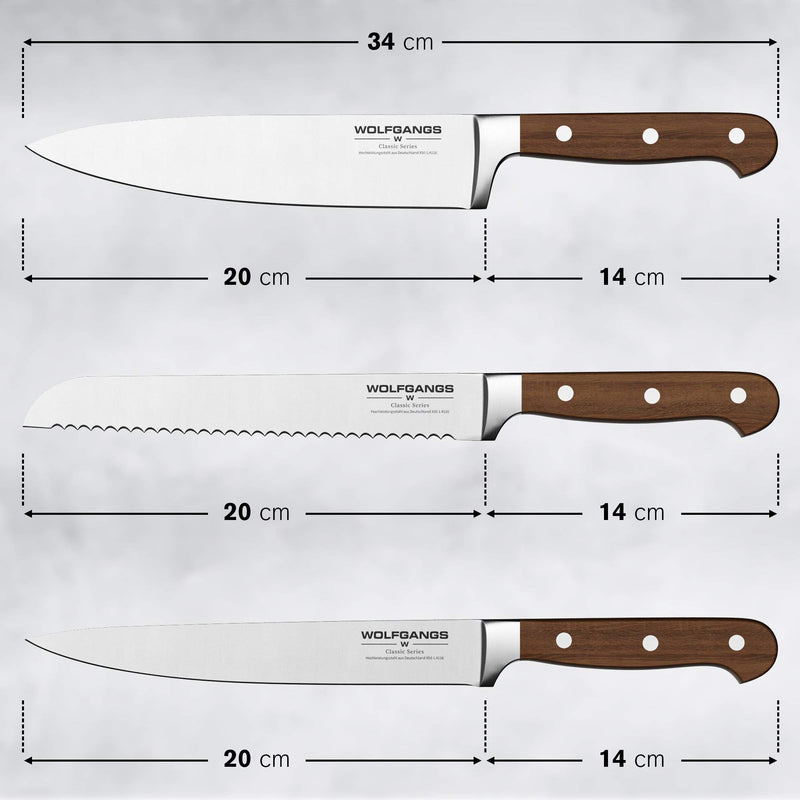 Wolfgangs Kochmesser Set 3tlg. – Chefmesser, Schneidemesser & Brotmesser –scharfes Küchenmesser & -sets mit rostfreier Edelstahlklinge – Premium Küchenmesser scharf – Profi Messer Set (braun)