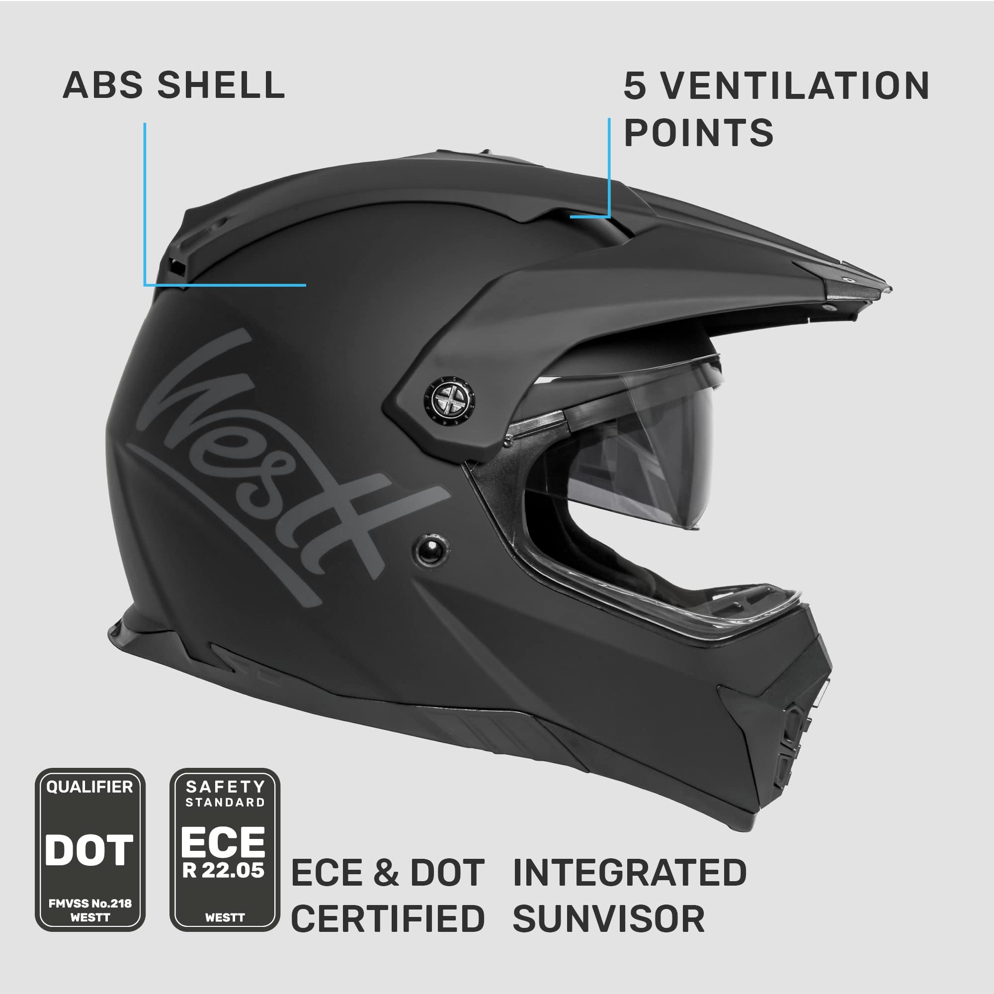 Westt Motocross Helm Fullface MTB Motorradhelm Integralhelm Crosshelm Helm Motorrad MTB Enduro Quad Helm Motorrad mit Doppelvisier Sonnenblende Herren Damen ECE DOT Zertifiziert, schwarz L (59-60 cm)