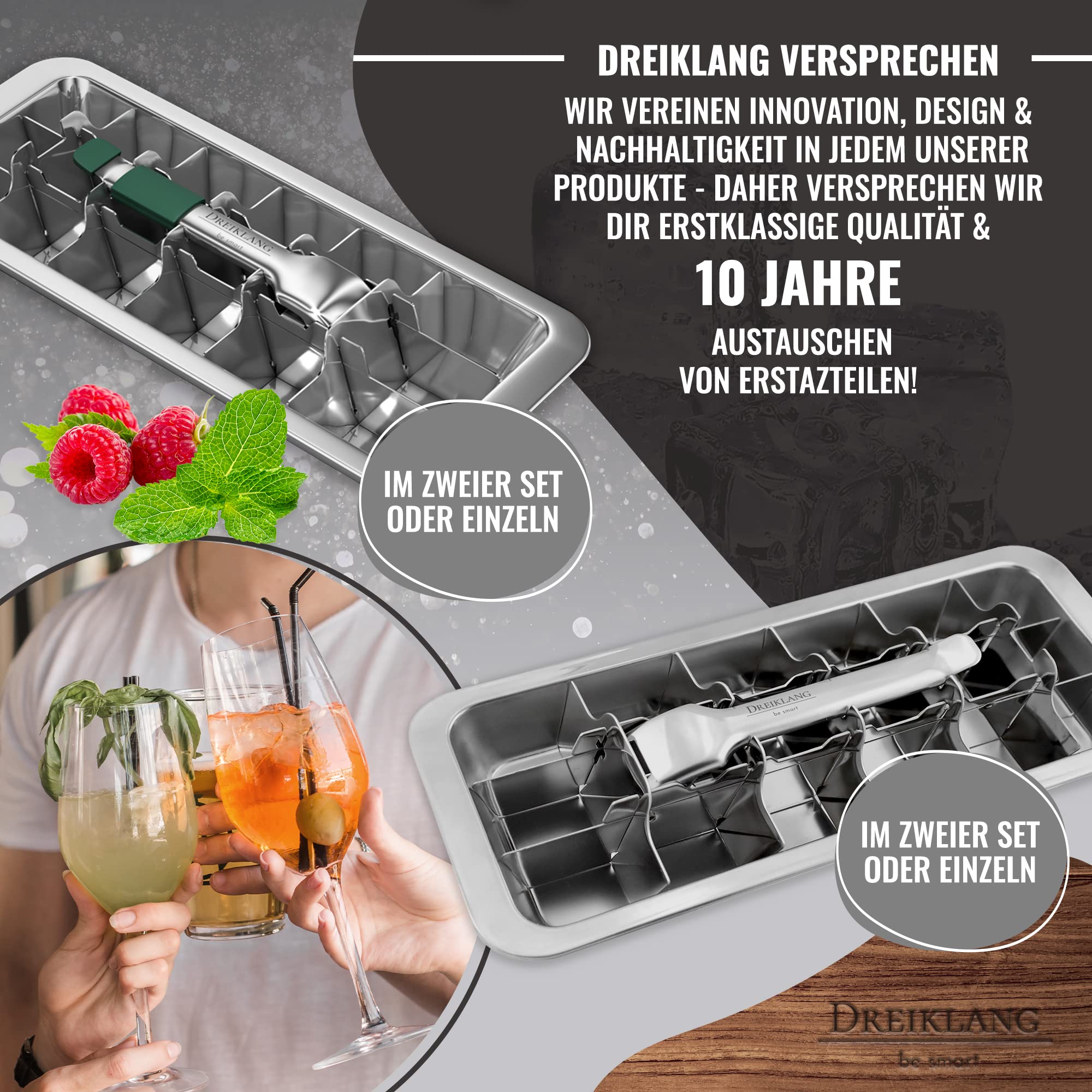 Dreiklang - be smart® 18/8 Edelstahl XXL Eiswürfelform für Whiskey mit Hebeleinsatz für müheloses Entnehmen I Poliert I Lebensmittelecht & Langlebig Cocktail Longdrinks I Alternative zu Eissteinen