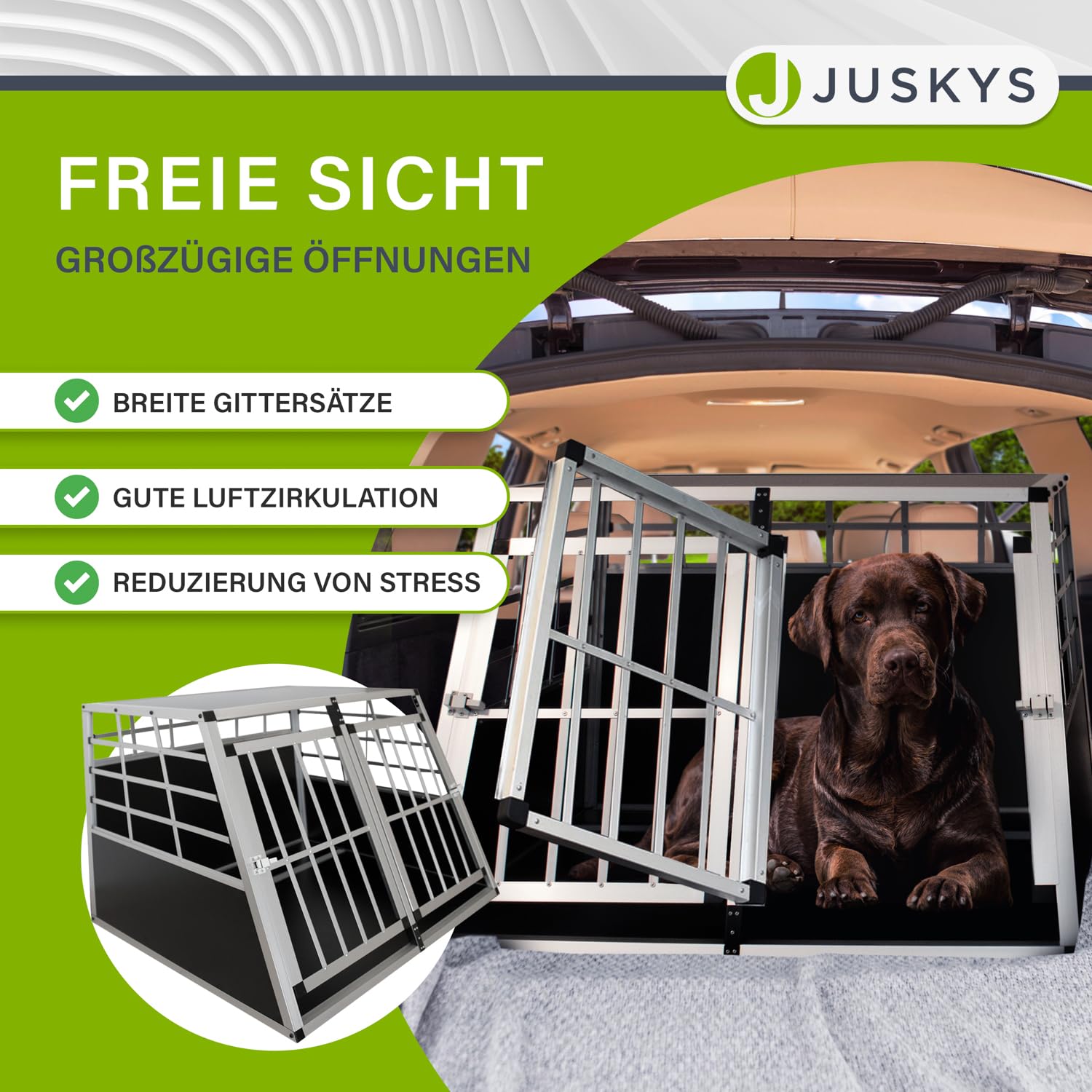 Juskys Alu Hundetransportbox XL - 96 × 91 × 70 cm — Auto Hundebox robust & pflegeleicht — 2 Gittertüren verschließbar - Reisebox für Hunde