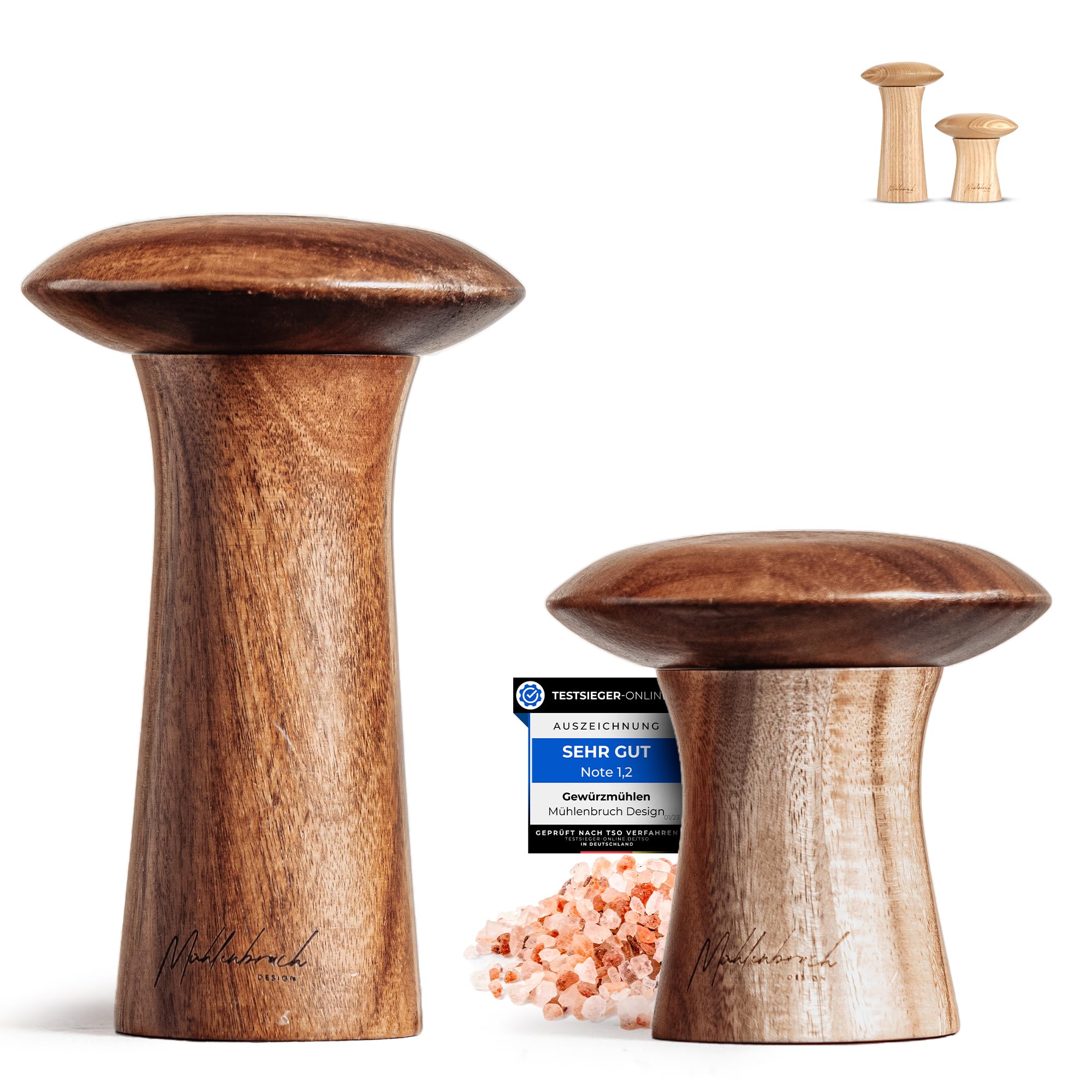 Mühlenbruch Design Salz und Pfeffermühle FSC HOLZ 15cm - 2er Set mit Pfeffer und Salzmühle - Manuelle Gewürzmühle Keramikmahlwerk - Küchenhelfer Geschenkidee Weihnachten - Akazie - Pilzform Deko