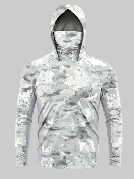 Camouflage Performance-Shirt mit Kapuze – langärmlige Outdoor-Schicht mit Gesichtsschutz