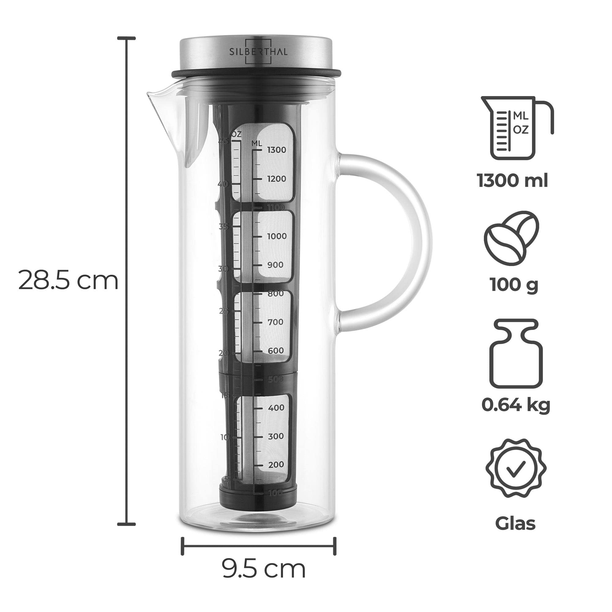 SILBERTHAL Kaffeebereiter Glas 1.3l - Cold Brew Coffee Maker mit Filter für kaltgebrühten Kaffee oder Eistee