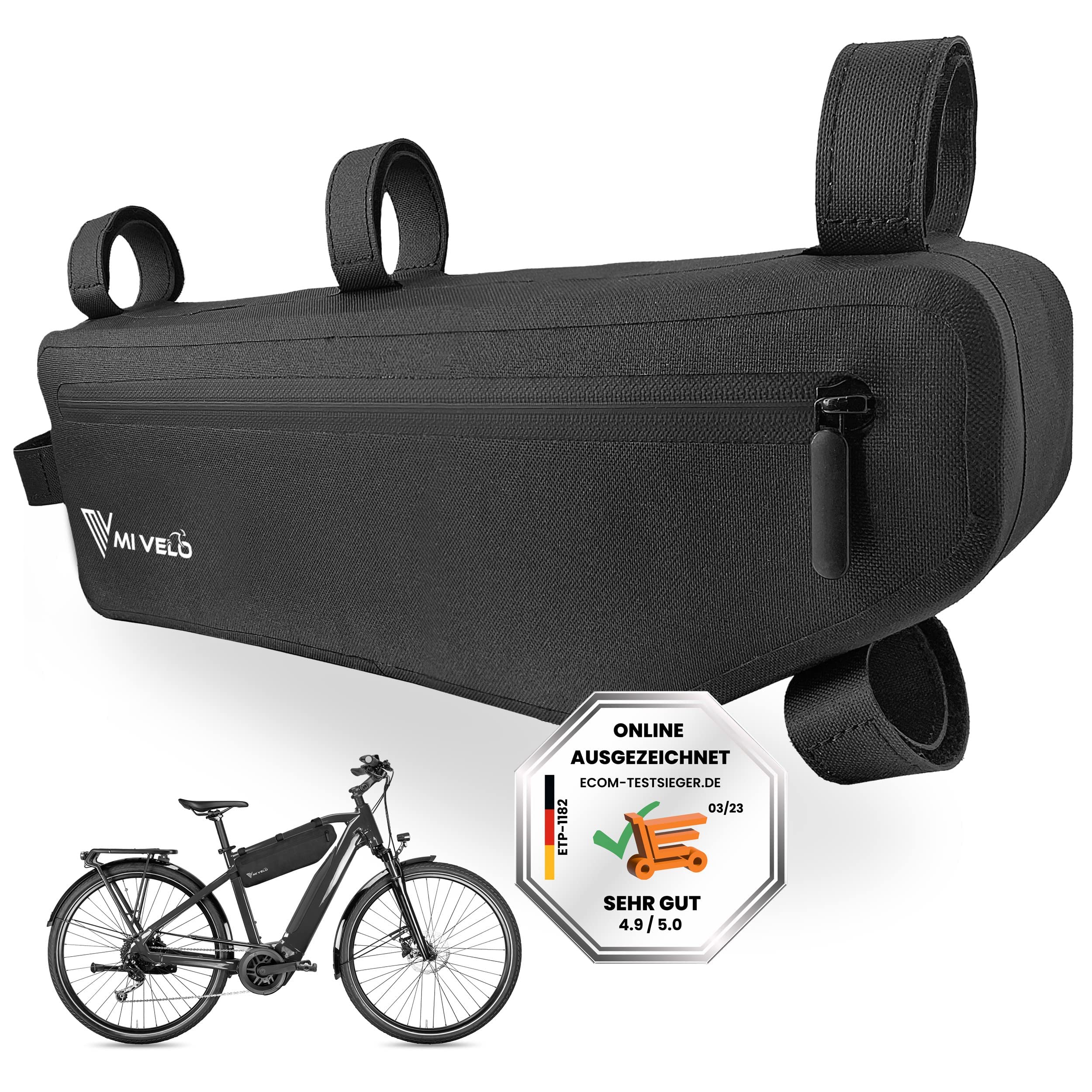 MIVELO Fahrradtasche Rahmen - Rahmentasche Fahrrad - 100% recyclebar und wasserdicht - Oberrohrtasche - 3L schwarz