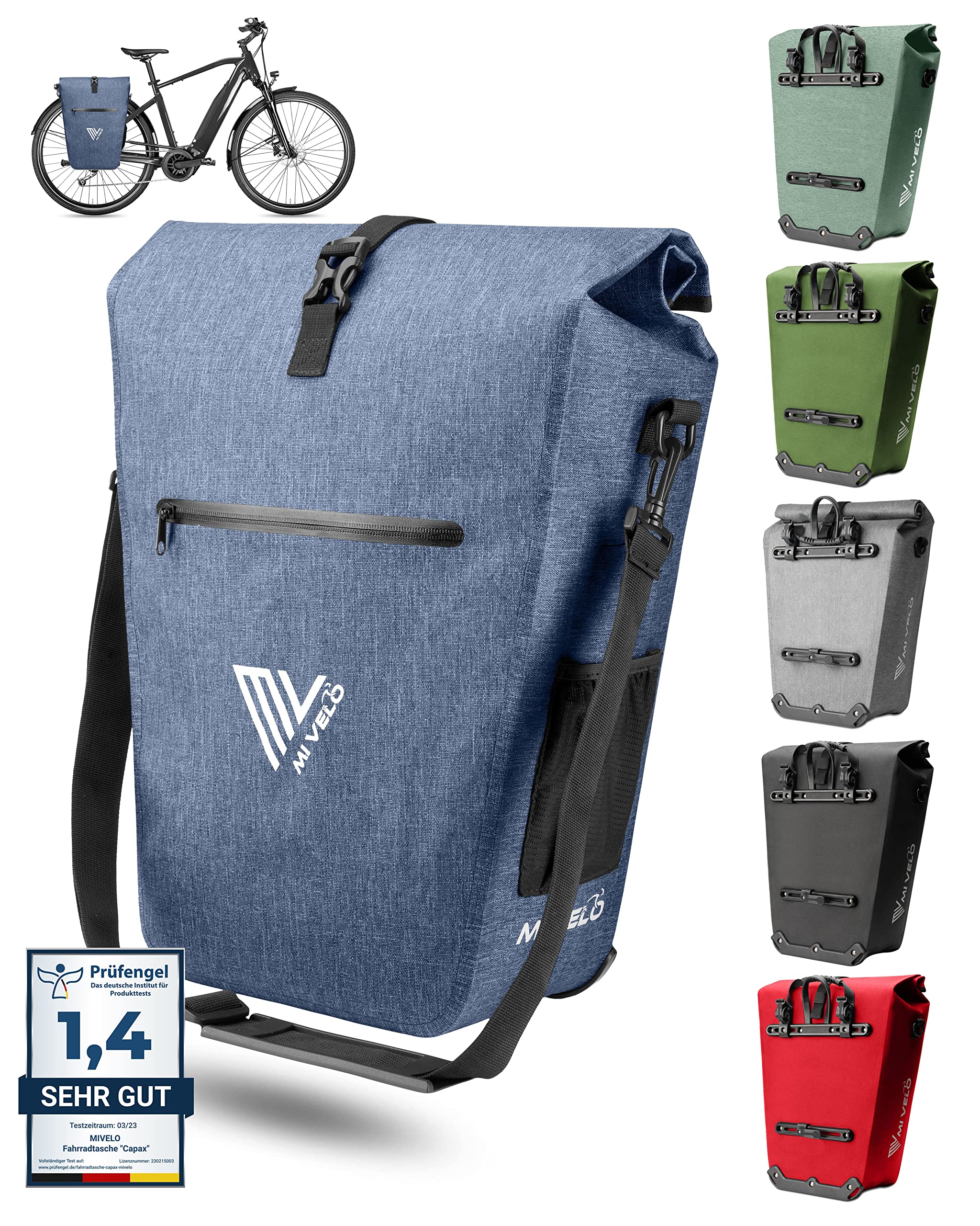 MIVELO 2in1 Fahrradtasche Gepäckträgertasche wasserdicht 100% PVC frei + Laptopfach + Schloss – Fahrrad Tasche für Gepäckträger 1 STK Jeans-blau