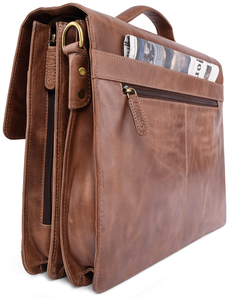 LEABAGS Leder Aktentasche Herren & Damen I Echtleder Laptoptasche bis 15 Zoll I Umhängetasche mit Schultergurt I Schultertasche I Messenger Bag I Arbeitstasche I Lehrertasche I Vintage Cognac