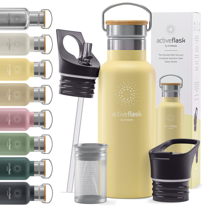 Trinkflasche Edelstahl mit Strohhalm, Infuser + 3 Deckel: BPA-frei, Auslaufsicher, Kohlensäure geeignet - Wasserflasche Fahrrad Thermosflasche Isoliert Isolierflasche Sport Wasser Flasche Kinder Tee