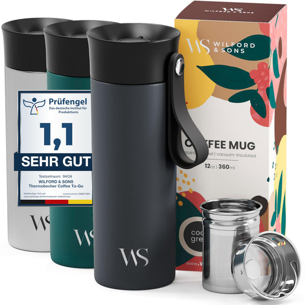 Thermobecher Kaffee To Go Kaffeebecher Edelstahl 360ml + Trageriemen & Tee-Infuser - Trinkbecher Cafe Tee Auslaufsicher BPA-frei | 6h Heiß 10h Kalt Vakuum-Isolierbecher Coffee Travel Mug Thermosbecher