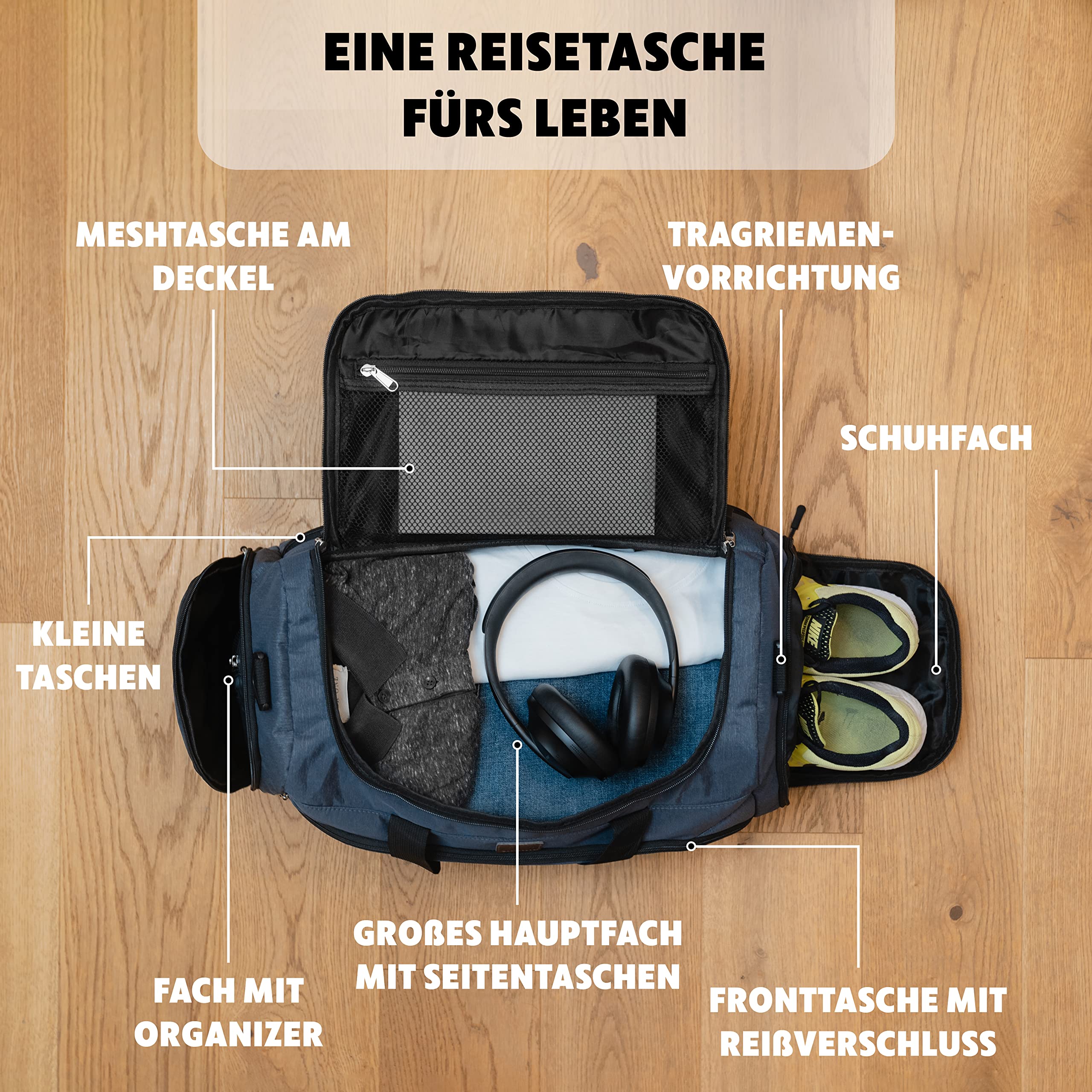 Obics - Premium Sporttasche 35L mit Schuhfach für Damen & Herren (blau) - Weekender Reisetasche für Handgepäck - Umhängetasche mittel für Fitness, Sport, Gym & Reise - Trainings-Tasche & Travel Bag