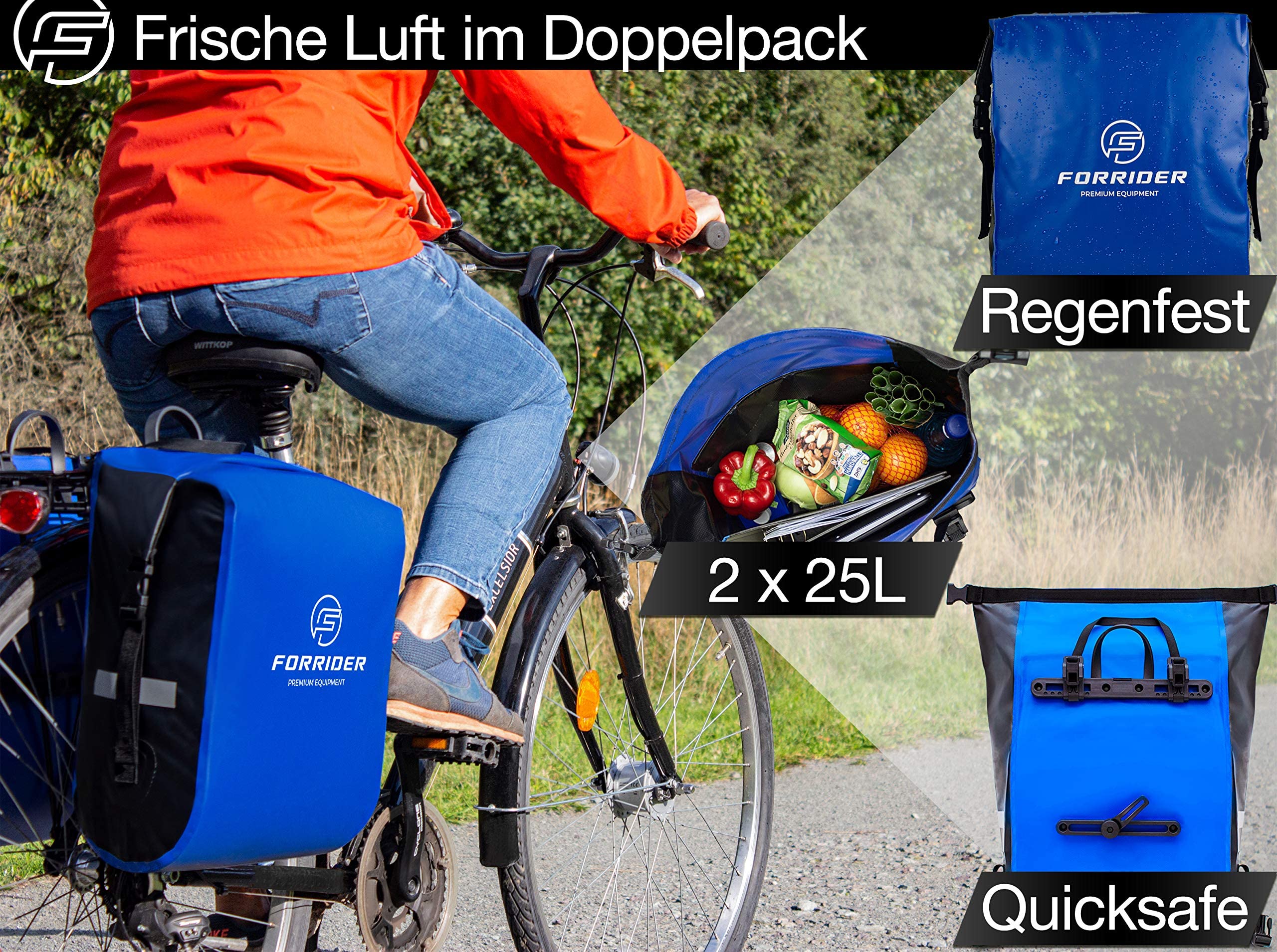 Forrider Fahrradtaschen für Gepäckträger - 100% Wasserdicht [2 Stück] 50L Volumen Premium Fahrrad Gepäckträgertaschen hinten Pack-Taschen Hinterradtaschen (Blau)