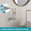 WEISSENSTEIN Zahnputzbecherhalter ohne Bohren | Becher und Zahnputzbecherhalter zum Kleben im Bad | Edelstahl Halterung und Glas weiß | Design matt gebürstet in Silber