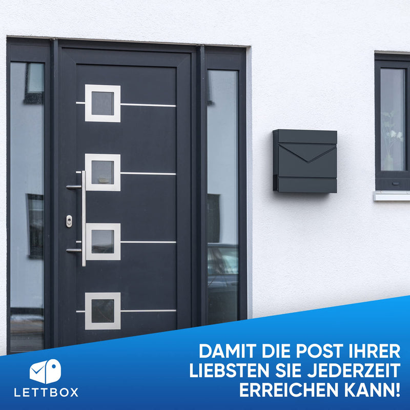 LETTBOX Briefkasten anthrazit | Postkasten mit Zeitungsfach | Zahlenschloss | Witterungsbeständig | Schloss mit Schlüssel | 37x37x10,5 cm | Design Briefkasten mit Zahlencode