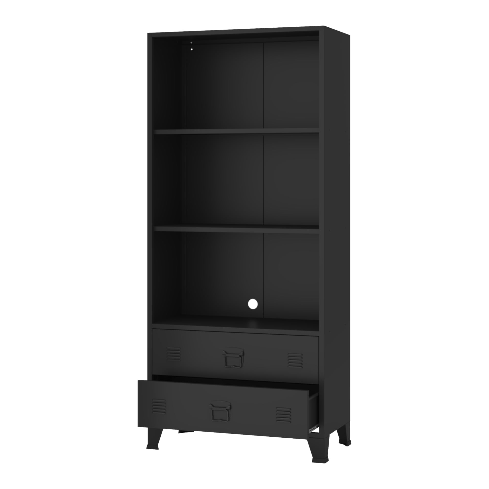 [en.casa] Bücherregal Hammarland Bücherschrank mit 2 Schubladen Schwarz Wohnzimmerschrank Metall Standregal mit Kabeldurchlass 180 x 80 x 40 cm