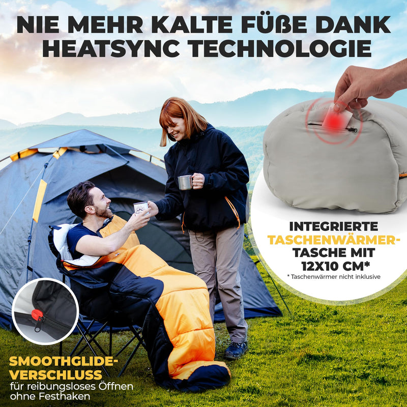 ACTIVE SPARK Schlafsack - wasserabweisend - Outdoor Sleeping Bag - Nie mehr kalte Füße Dank Taschenwärmer-Tasche - 0 Grad Komfort-Mumienschlafsack leicht, Warm, Camping,