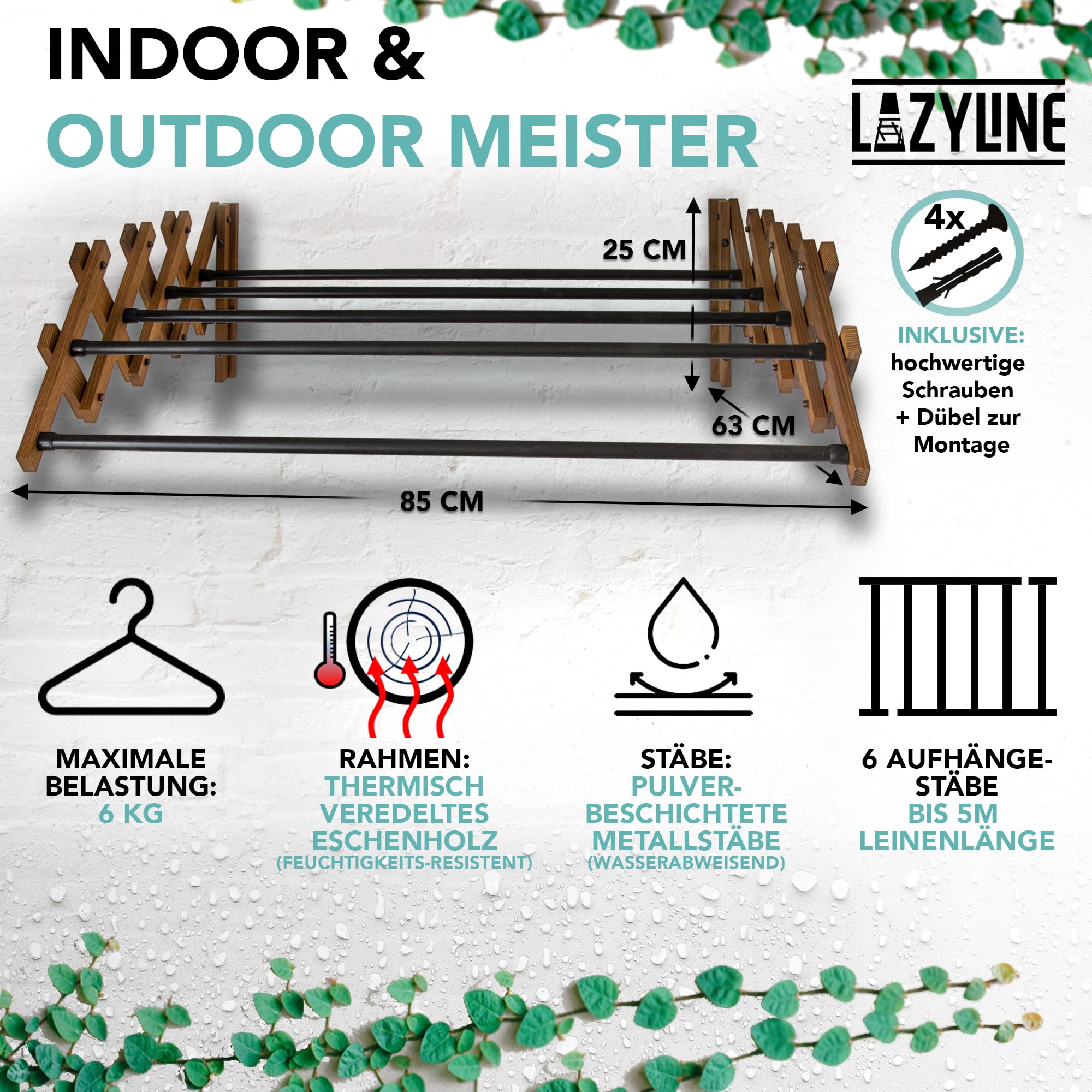 LAZYLINE® Wäscheständer Metall schwarz/Thermo-Esche zur Wandmontage [wasserabweisend] platzsparend 5m Länge für Badewanne Balkon draußen/Herrendiener Kleiderständer klein