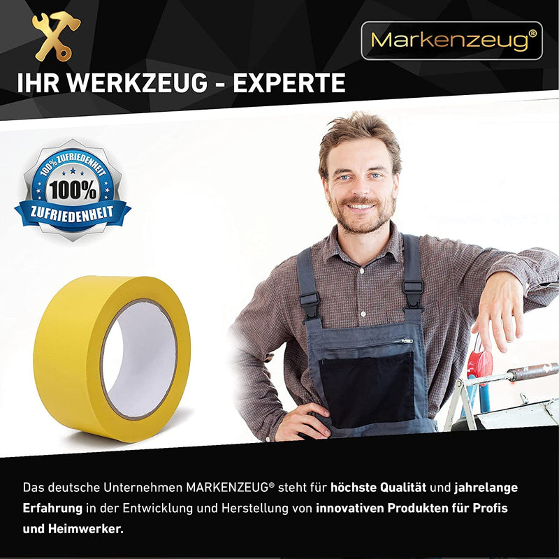 MARKENZEUG® PVC Tape I Maler-Klebeband I Malerkrepp mit hoher Klebekraft I Gewebeklebeband für alle Oberflächen I Innen- & Außenarbeiten I UV-Beständigkeit I 1 Rolle gelb I 50mm Breite I 30m lang