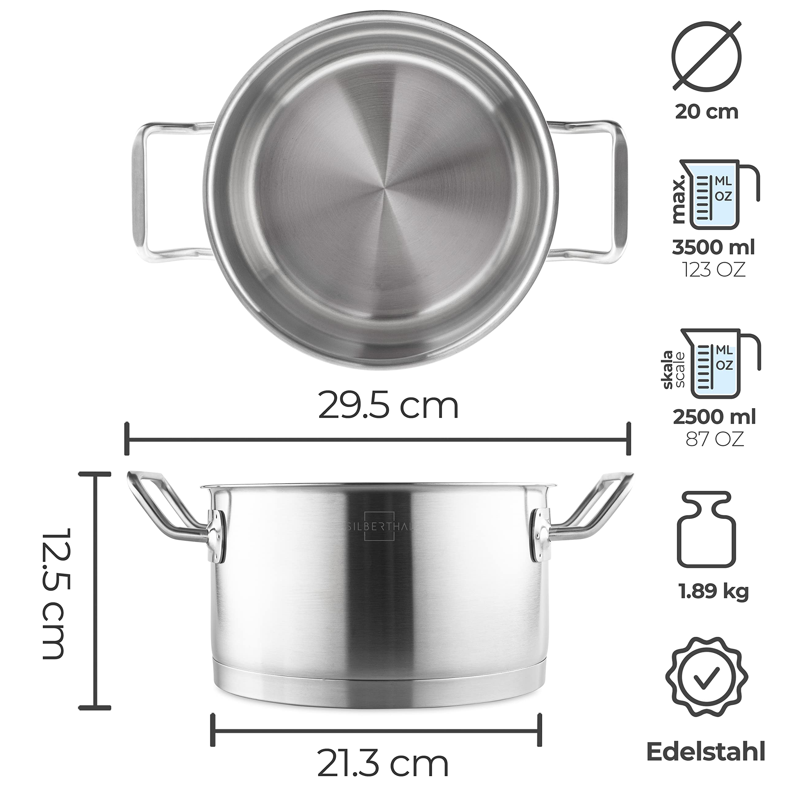 SILBERTHAL Kochtopf Induktion 20 cm - Edelstahl - 3,5L - Topf mit Deckel zum Einhängen - Für alle Herdarten - Ofenfest