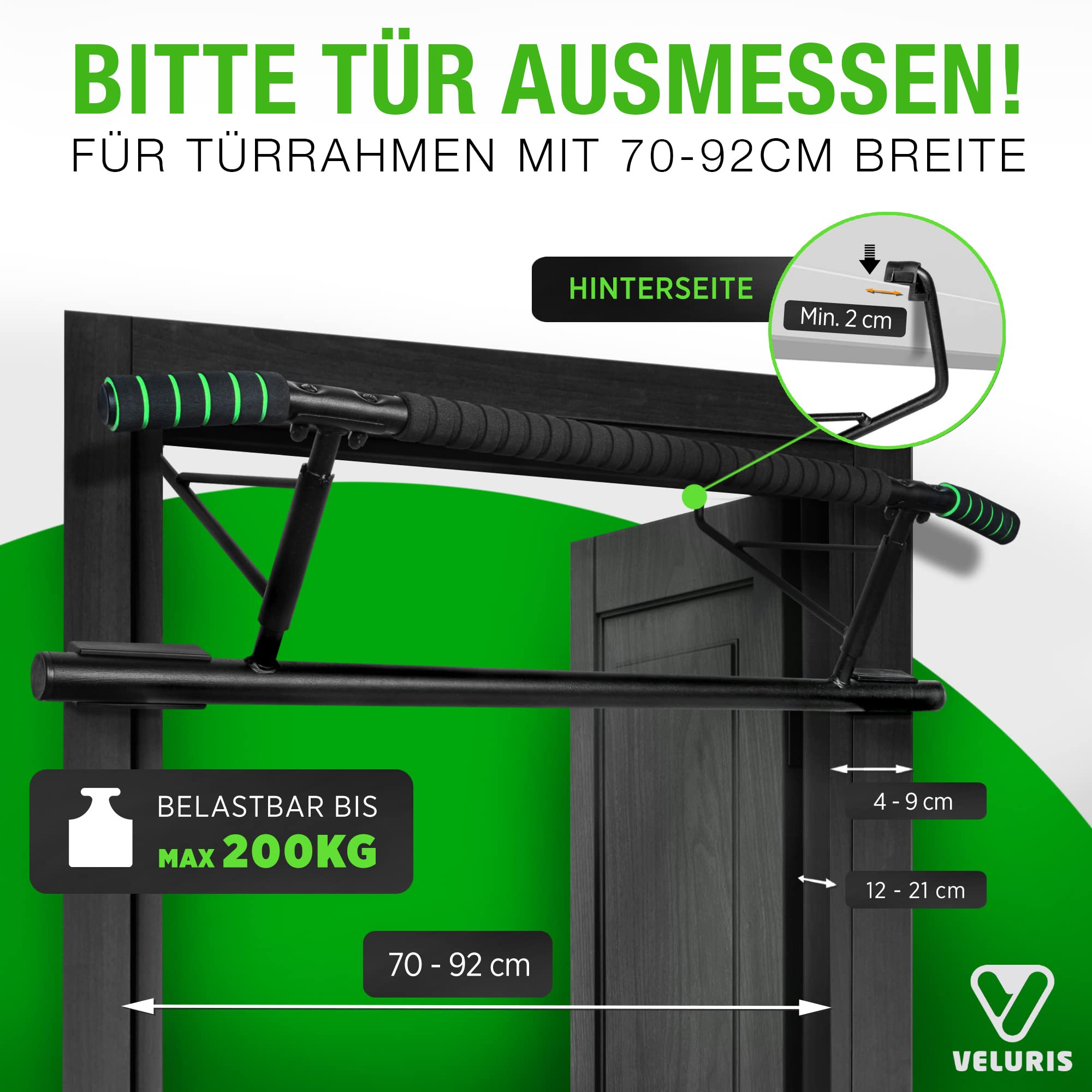 Veluris Klimmzugstange Türrahmen - Stark belastbare Pull up bar [bis 200 KG]- Türreck ohne Aufbau - 20 cm höher im Rahmen - Auch für Dips&Push Ups (abgerundet)