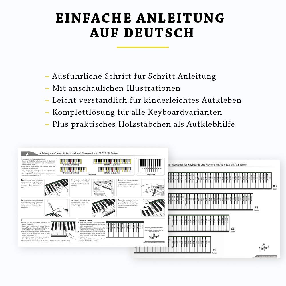 BELFORT® Klavier + Keyboard Noten-Aufkleber für 49 | 61 | 76 | 88 Tasten + Ebook | Piano Sticker Komplettsatz für schwarze + weisse Tasten | C-D-E-F-G-A-H | Einfache deutsche Anleitung