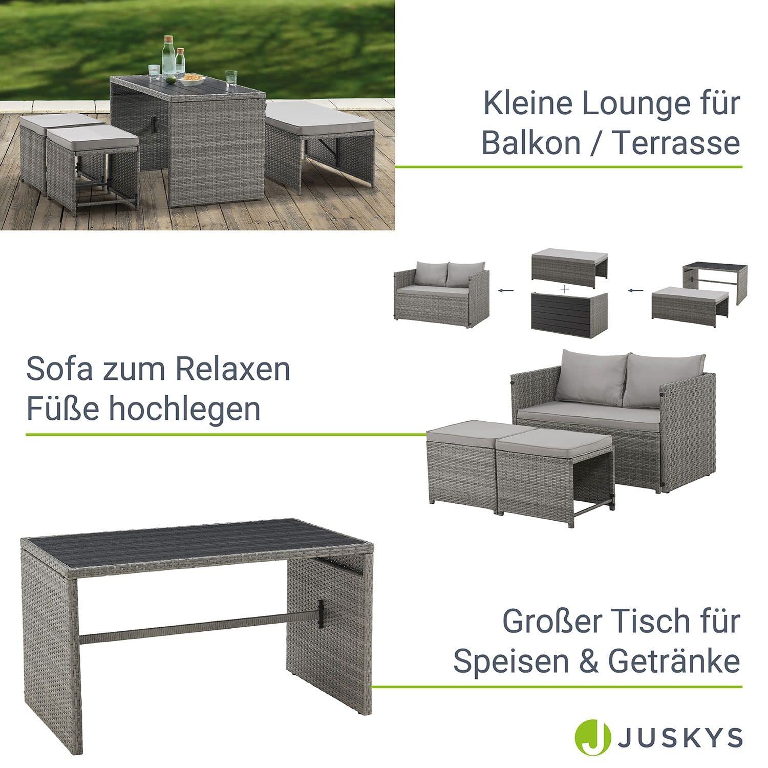 Juskys 2in1 Polyrattan Relax Gartenmöbel Set Jamaika - Tisch, Gartenlounge Sofa - Balkonmöbel Sitzgruppe für Balkon, Garten - Outdoor Lounge Grau