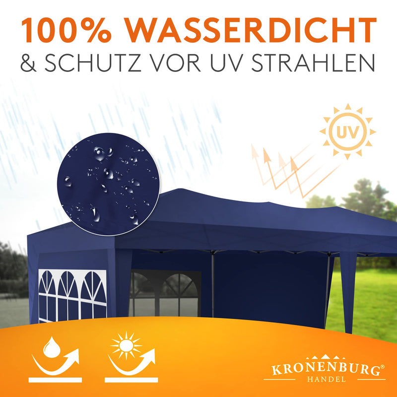 Kronenburg Faltpavillon wasserdicht Pavillon mit 3 Seitenteilen, Gartenzelt, 3x6 m - mit UV Schutz 50+, Blau