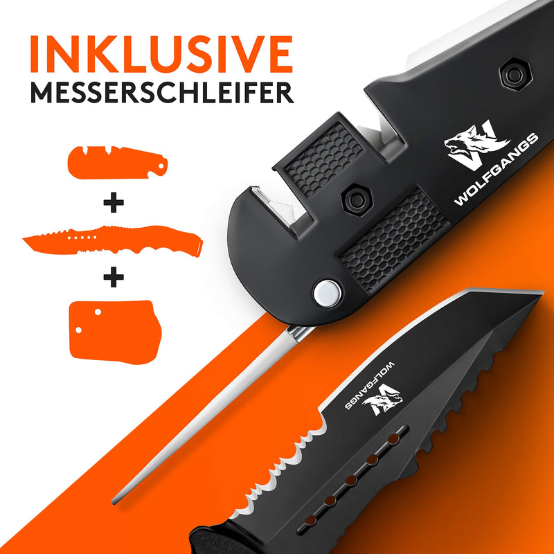 Wolfgangs UNDIQUE Zweihand-Messer Set aus 440C Stahl - LEGAL in Deutschland zu führen - Survival-Messer mit Multifunktions-Klinge - Outdoor-Messer Klapp-Messer - Taschen-Messer - Mit Messerschärfer