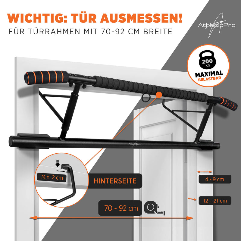 AthleticPro - Klimmzugstange Türrahmen -Wandmontage- Stark belastbare Pull up bar [bis 200 KG]- Türreck ohne Aufbau - 20 cm höher im Rahmen - Auch für Dips&Push Ups