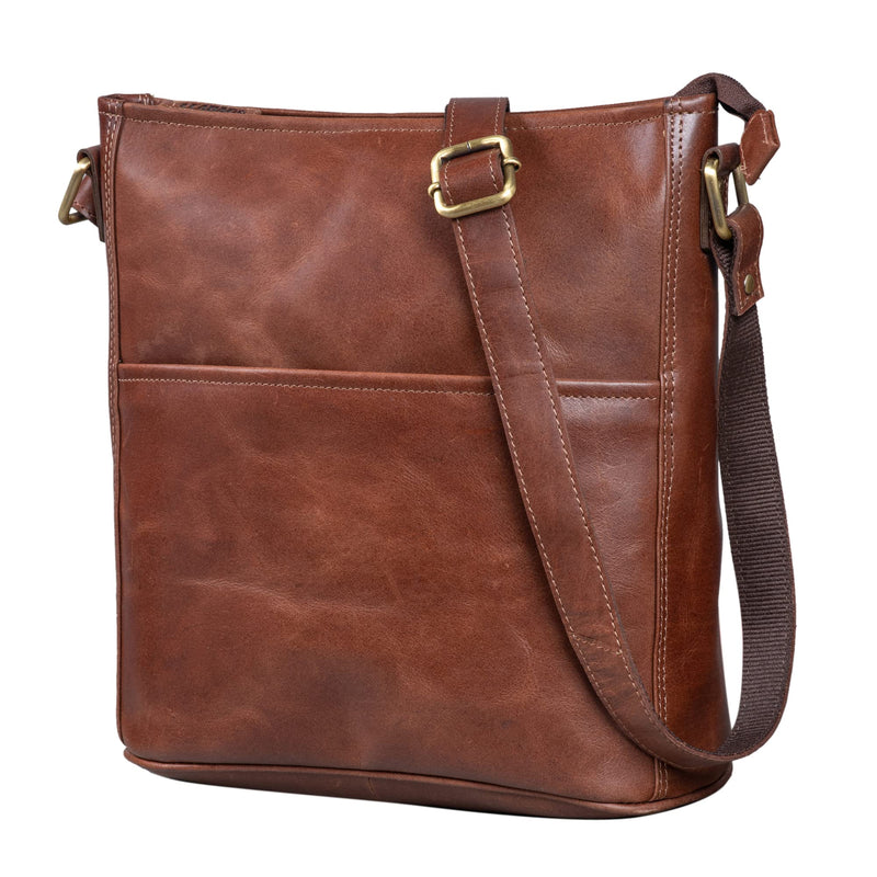 LEABAGS Leder Handtasche Damen I Premium Echtleder Umhängetasche I Damen Schultertasche I Damentasche I Tragetasche für Arbeit Uni Schule Freizeit I Größe L (31 x 23 x 6 cm) I Vintage Cognac