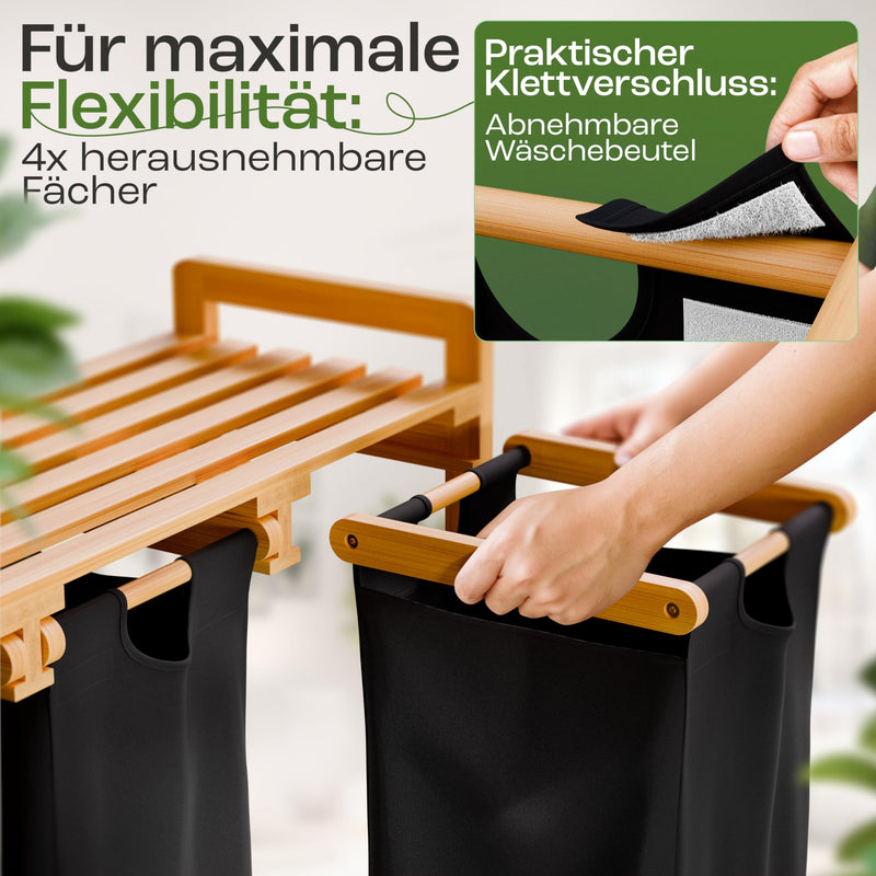 AMBIAVO® Wäschekorb 4 Fächer schwarz mit Rollen [Wäschesäcke aus Baumwolle] - Wäschesammler für Schmutzwäsche | Wäsche Sortiersystem | Wäschesortierer Holz | Wäschebox | Wäschekorb mit Ablage